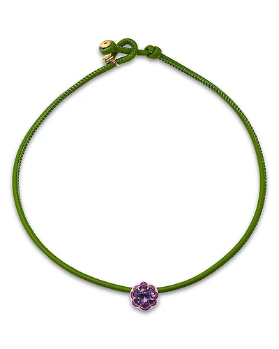 Bea Bongiasca Sterling Silver & 9K Yellow Gold Amethyst Flower Green Leather Cord Pop Choker Necklace, 16.5