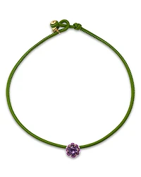 Bea Bongiasca Sterling Silver & 9K Yellow Gold Amethyst Flower Green Leather Cord Pop Choker Necklace, 16.5