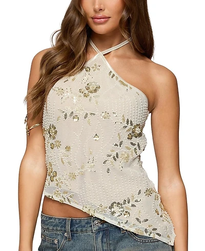 Edikted Beaded Sequin Asymmetric Halter Top