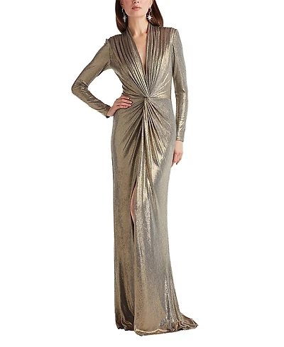 Tadashi Shoji Ferrum Metallic Twist Drape Gown