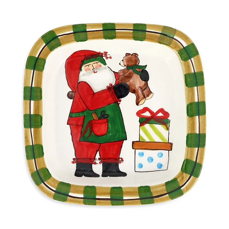 Vietri Old St. Nick Small Rimmed Square Platter with Teddy Bear