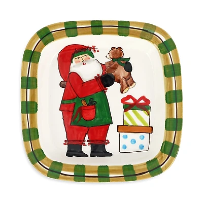 Vietri Old St. Nick Small Rimmed Square Platter with Teddy Bear
