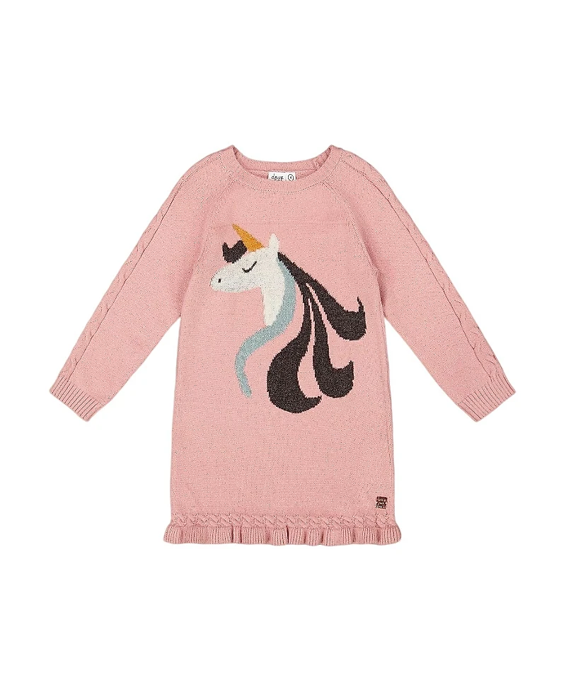 Deux par Girls' Knitted Dress with Unicorn Intarsia - Little Kid