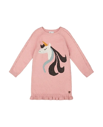 Deux par Girls' Knitted Dress with Unicorn Intarsia - Little Kid