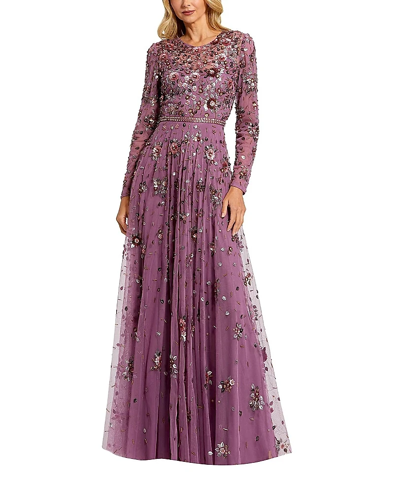 Mac Duggal Long Sleeve High Neck Beaded Gown