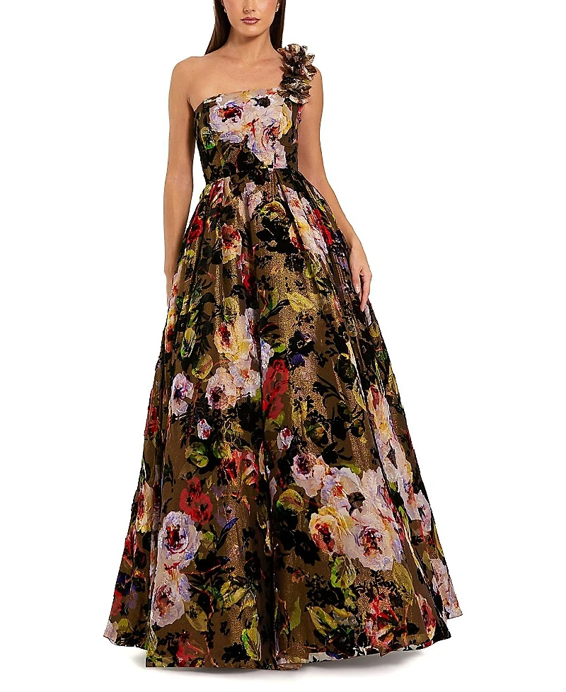 Mac Duggal One-Shoulder Floral Print Ballgown
