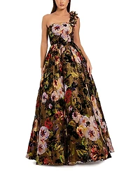 Mac Duggal One-Shoulder Floral Print Ballgown