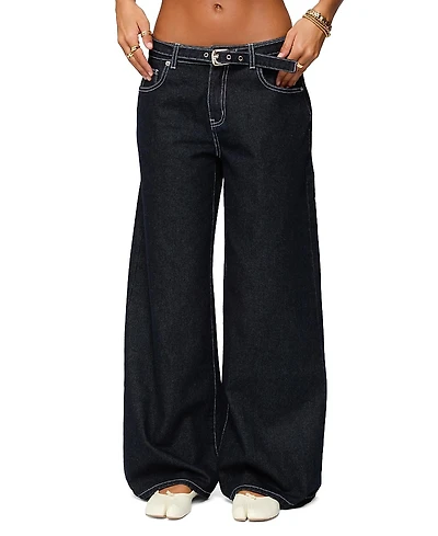 Edikted Karah Belt Low Rise Dark Rinse Wash Jeans