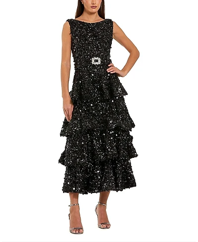 Mac Duggal Sleeveless Sequin Ruffle Midi Dress with Belt