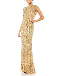Mac Duggal Embellished Fringe Cap Sleeve Trumpet Gown