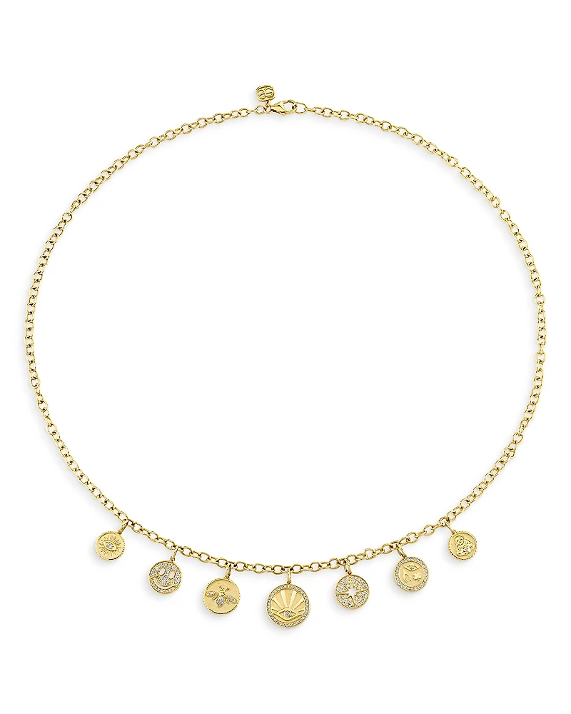 Sydney Evan 14K Yellow Gold Fall 2026 Diamond Multi Charm Coin Pendant Necklace, 18