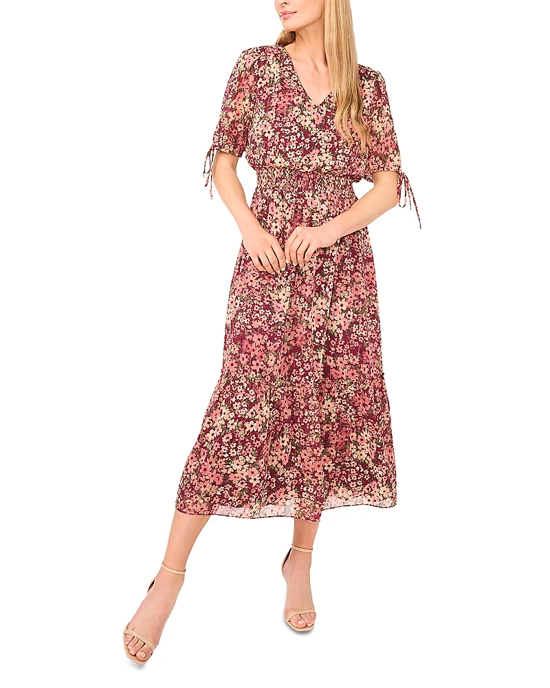 CeCe V Neck Tie Sleeve Smocked Waist Maxi Dress