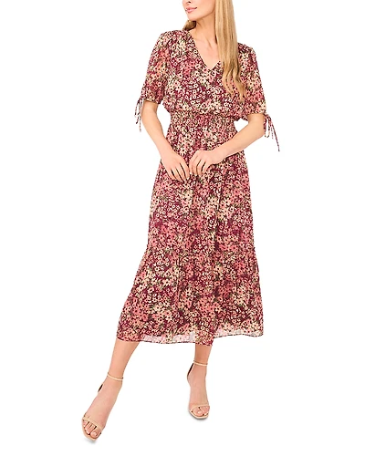 CeCe V Neck Tie Sleeve Smocked Waist Maxi Dress