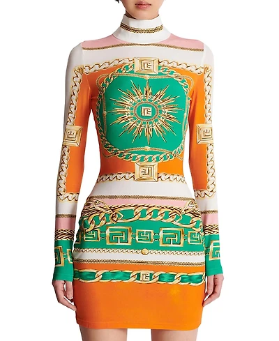 Balmain Short Printed Bodycon Dress with Balmain Foulard Pattern