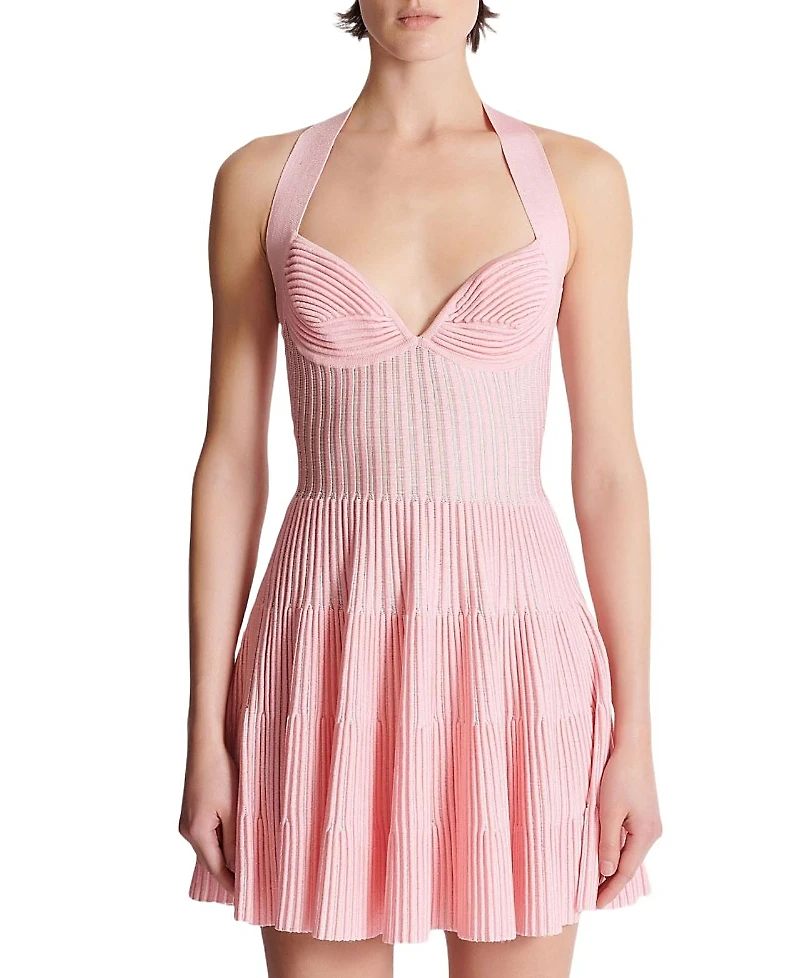 Balmain Textured Knit Halterneck A-Line Dress