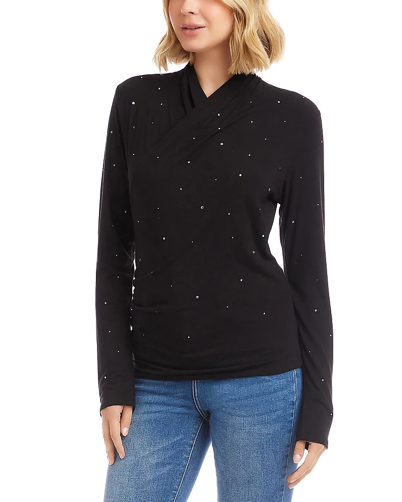 Karen Kane Long Sleeve Embellished Drape Front Crossover Top