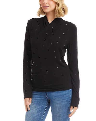 Karen Kane Long Sleeve Embellished Drape Front Crossover Top