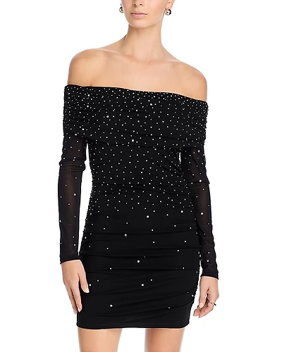 Aqua Off-the-Shoulder Embellished Mini Dress - Exclusive