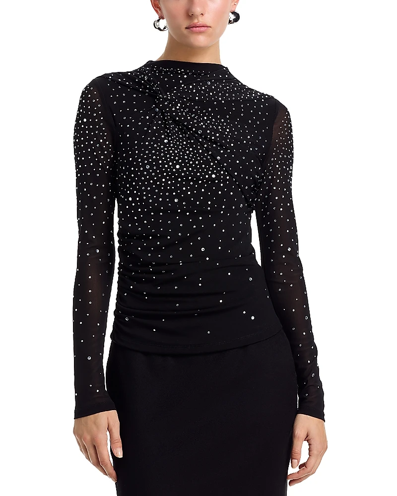 Aqua Rhinestone Mesh Jersey Long Sleeve Top - Exclusive