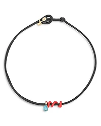 Bea Bonglasca 9K Yellow Gold & Sterling Silver Blue Topaz & Red Enamel Vine Black Leather Cord Pendant Necklace, 16.5