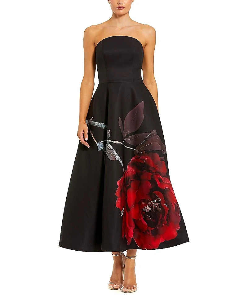 Mac Duggal Crepe Printed Strapless Midi Dress with Pockets