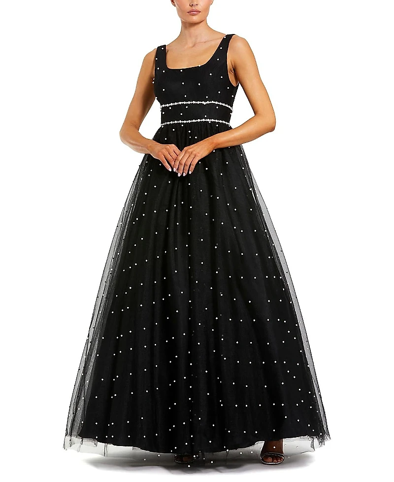 Mac Duggal Pearl Embellished Tulle Sleeveless Ball Gown