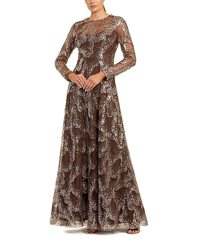 Mac Duggal Embellished Mesh Long Sleeve High Neck Gown