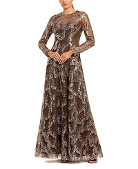 Mac Duggal Embellished Mesh Long Sleeve High Neck Gown