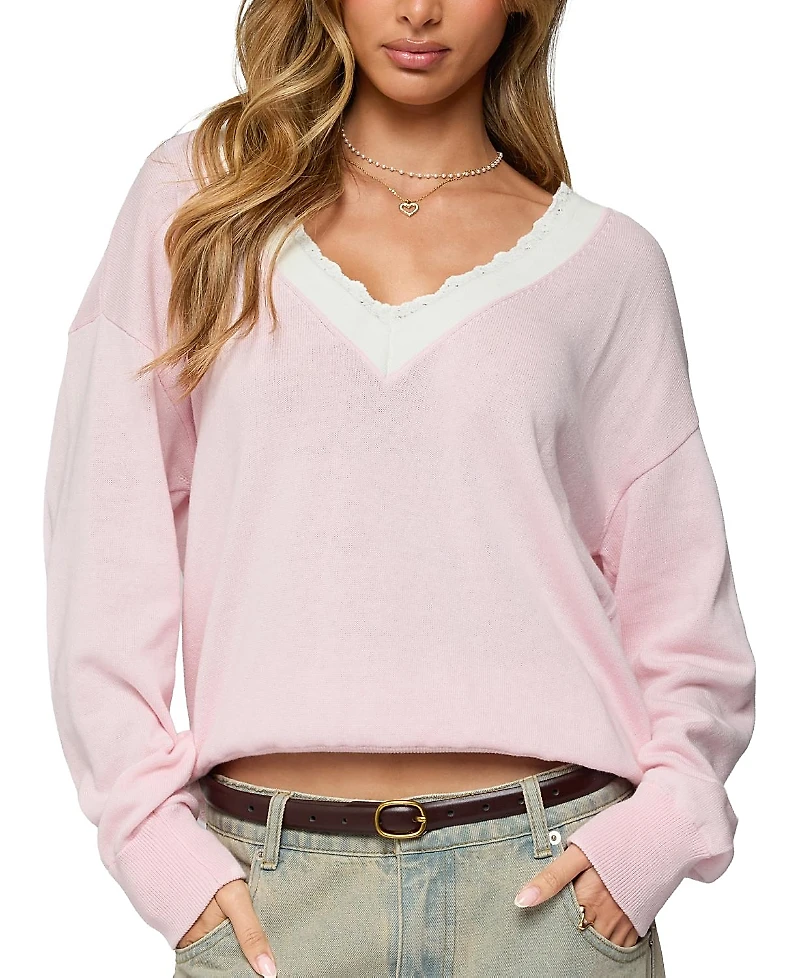Edikted Marie Contrast Lacey V Neck Sweater