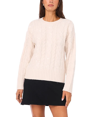 Vince Camuto Sequin Cable Knit Long Sleeve Crewneck Sweater