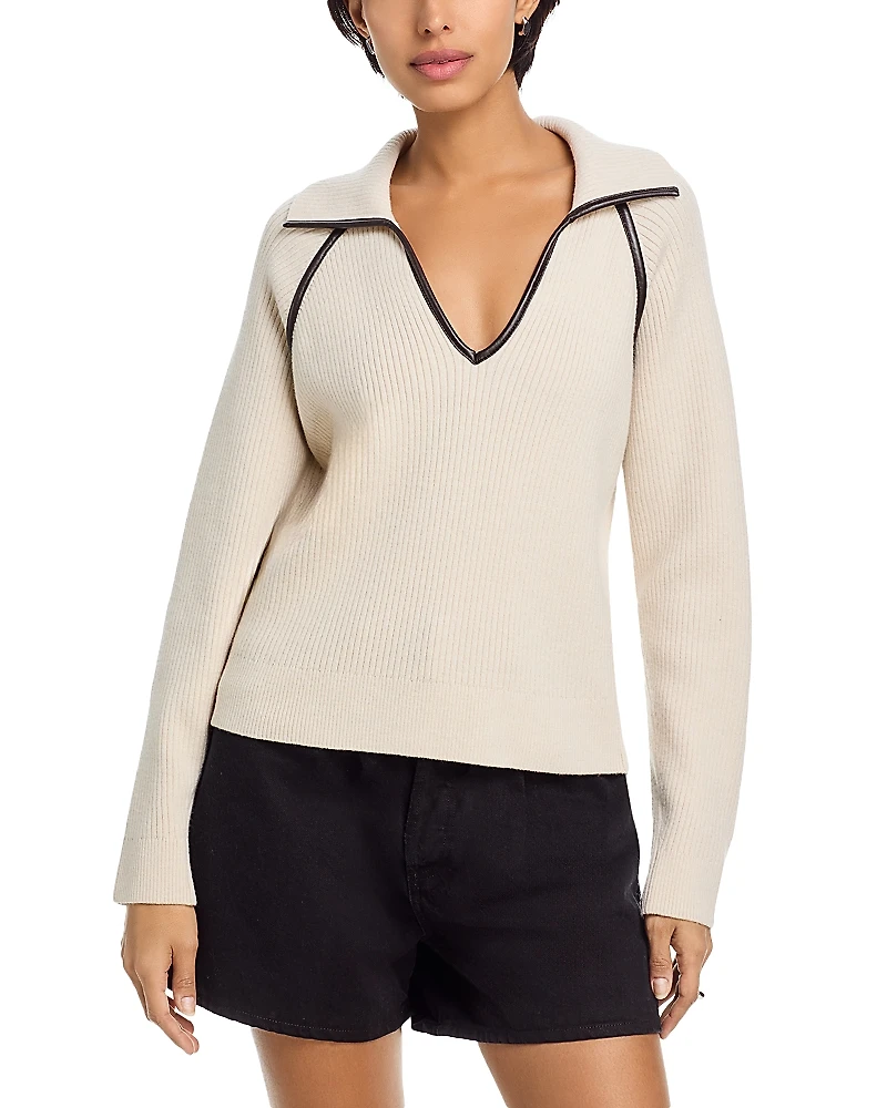 rag & bone Caterina Faux Leather Trim Polo Sweater