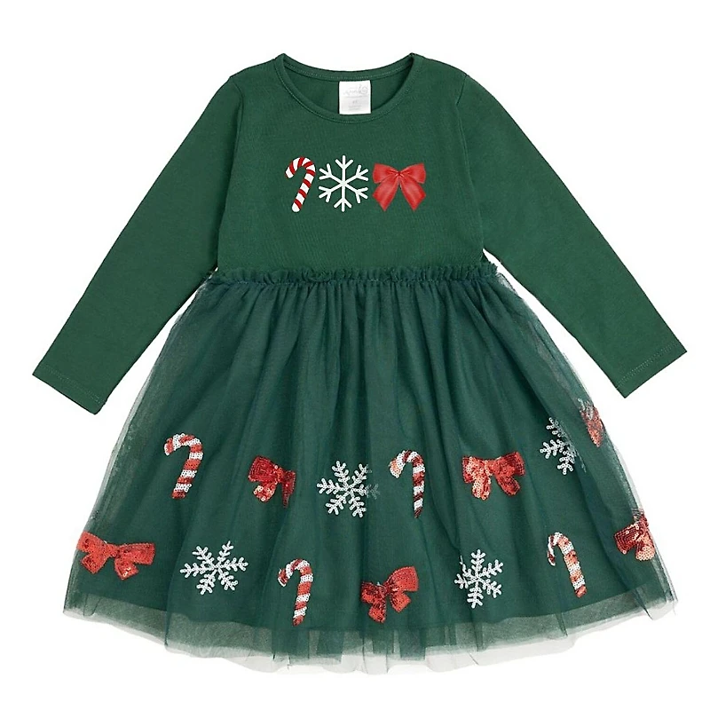 Sweet Wink Girls' Emerald Candy Cane Sequin Christmas Long Sleeve Tutu Dress - Little Kid, Big Kid