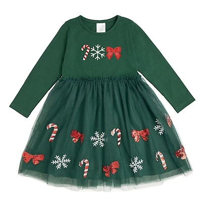 Sweet Wink Girls' Emerald Candy Cane Sequin Christmas Long Sleeve Tutu Dress - Little Kid, Big Kid