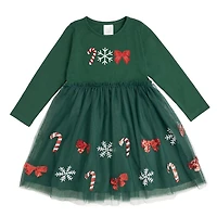 Sweet Wink Girls' Emerald Candy Cane Sequin Christmas Long Sleeve Tutu Dress - Little Kid, Big Kid