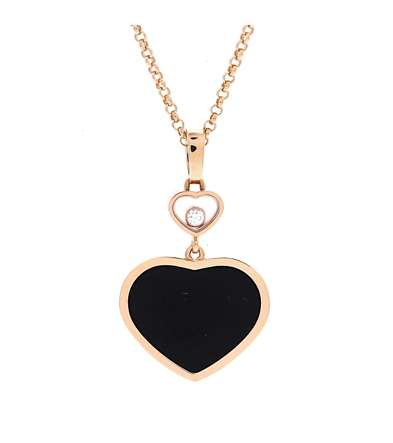 Pre-Owned Chopard Happy Hearts Pendant Necklace 18K Rose Gold with Onyx and 1 Floating Diamond, 16.75 - 18"