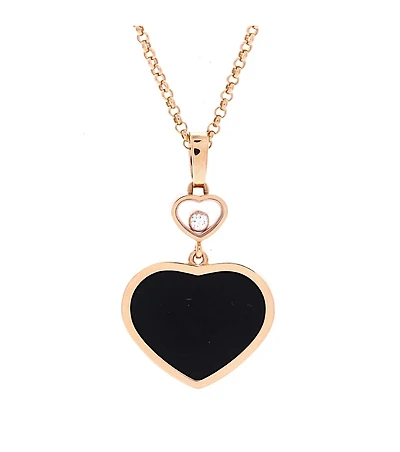 Pre-Owned Chopard Happy Hearts Pendant Necklace 18K Rose Gold with Onyx and 1 Floating Diamond, 16.75 - 18"
