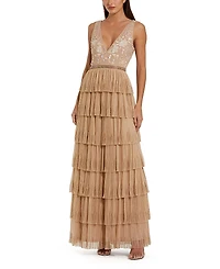 Mac Duggal Beaded Mesh V Neck Gown with Tiered Ruffles