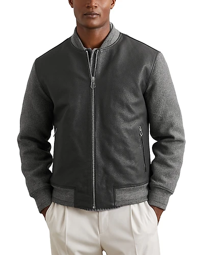 Reiss Leather Wool Blend Sleeve Zip Varsity Jacket