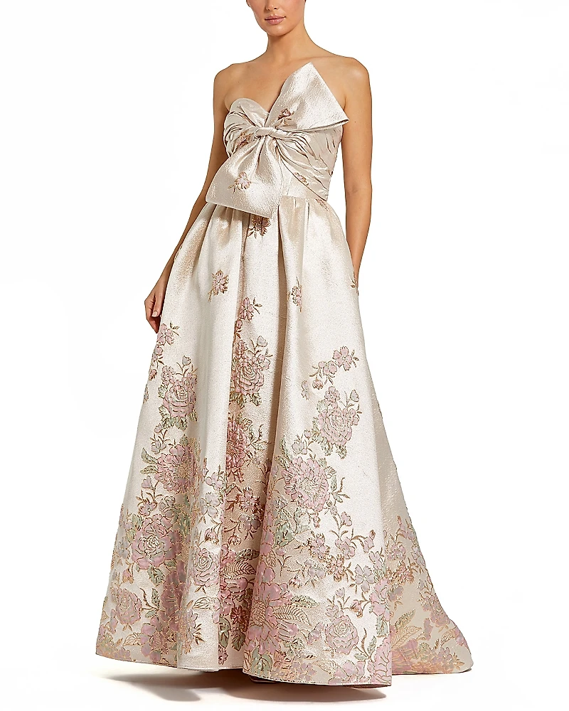 Mac Duggal Brocade Strapless Floral Gown with Bow Detail