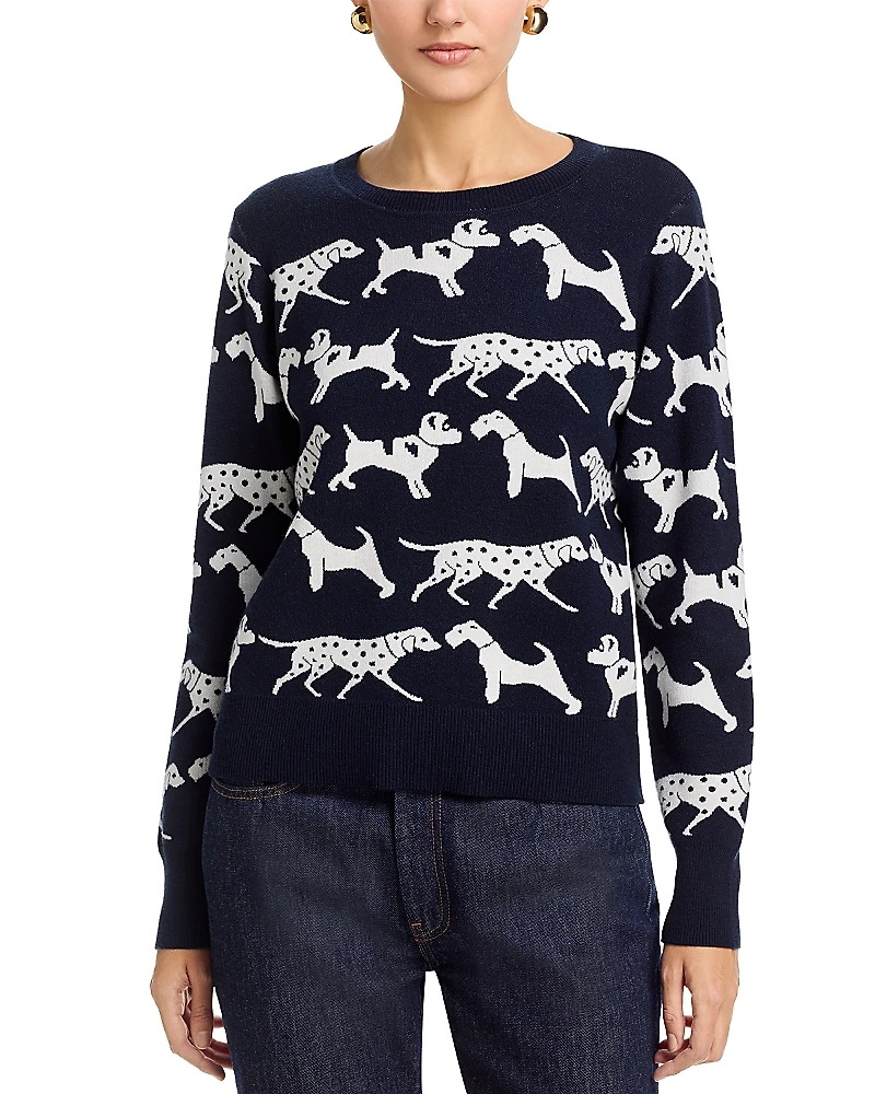 T Tahari Long Sleeved Dog Jacquard Crewneck Pullover Sweater