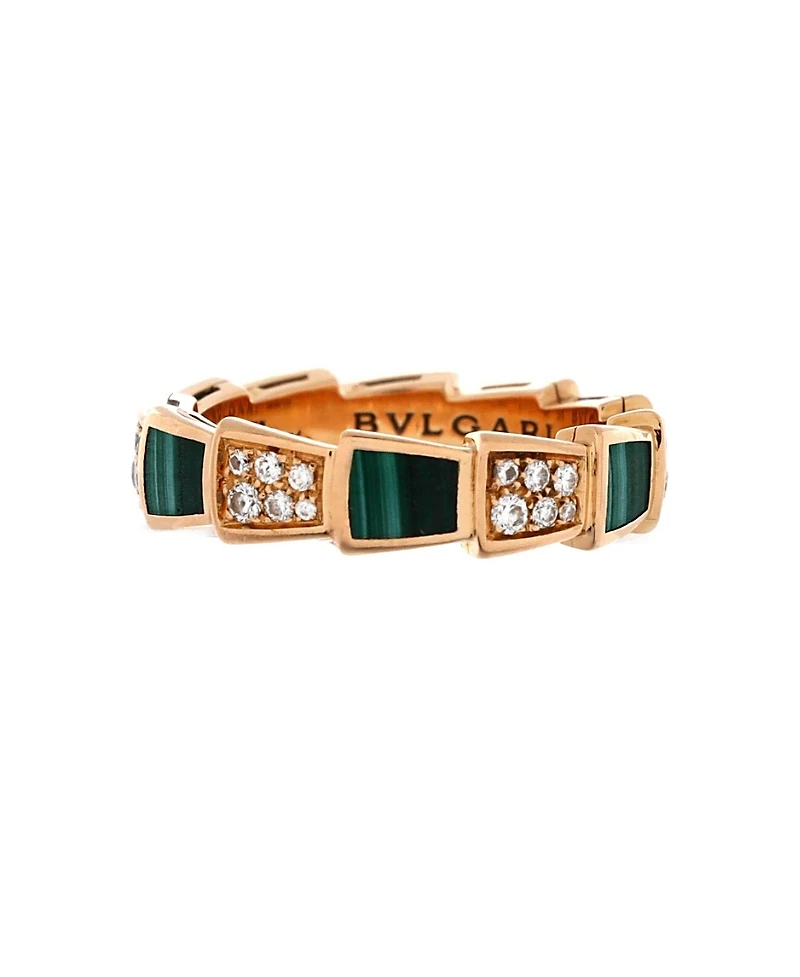 Pre-Owned Bvlgari Large Serpenti Viper Ring 18K Rose Gold with Malachite and Diamonds