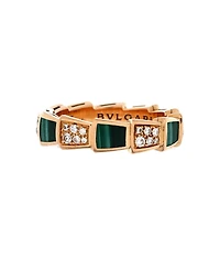 Pre-Owned Bvlgari Large Serpenti Viper Ring 18K Rose Gold with Malachite and Diamonds