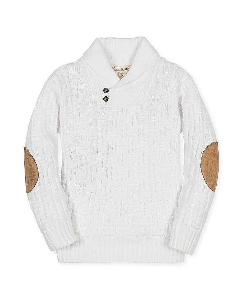 Hope & Henry Unisex Organic Long Sleeve Shawl Collar Cable Sweater with Elbow Patches