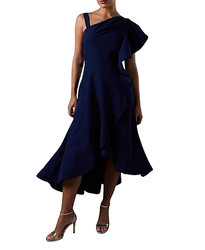 Coast One Shoulder Crepe Ruffle Midi Dress