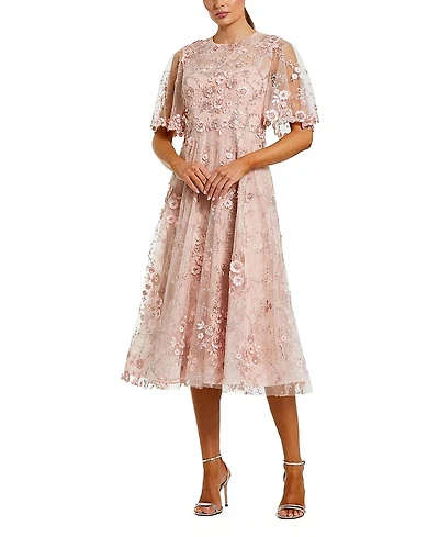 Mac Duggal Flutter Sleeve Floral Embroidered Midi Dress