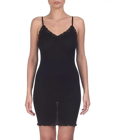 Oscalito Ribbed Wool & Silk V-Neck Chemise Nightgown with Lace Trim