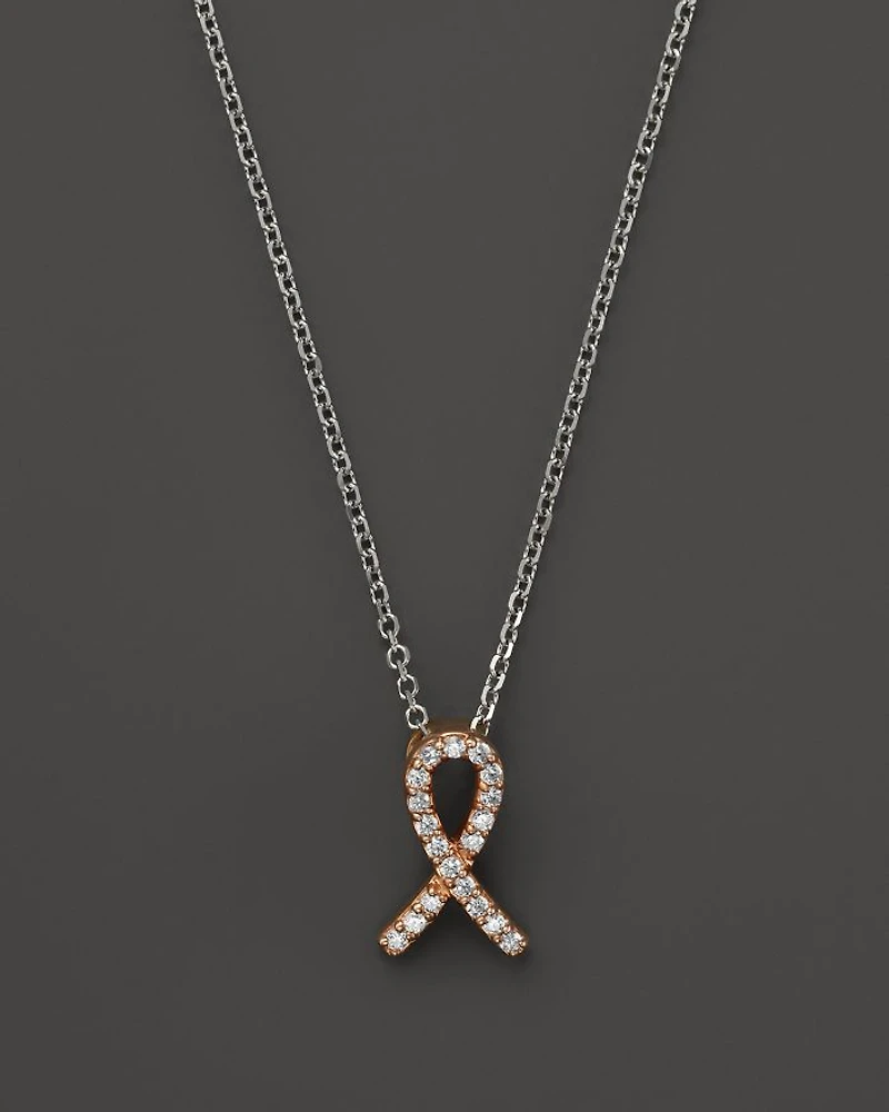 Diamond Pink Ribbon Pendant Necklace in 14K Rose and White Gold, .10 tcw