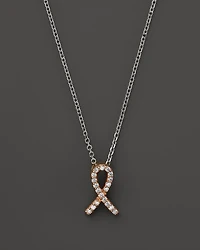 Diamond Pink Ribbon Pendant Necklace in 14K Rose and White Gold, .10 tcw