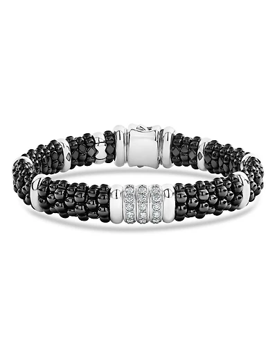 Sterling Silver Black Caviar Collection Pavé Diamond & Ceramic Station Bracelet