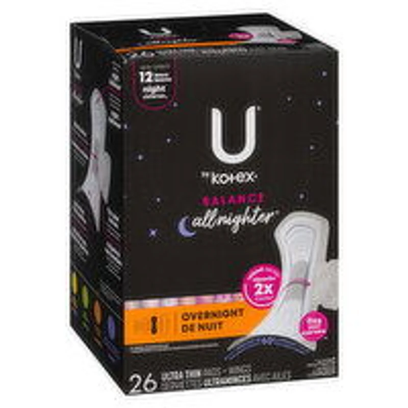 KOTEX - Ultra Thin Balance Pads With Wings Overnight, 26 Each